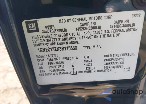 2003 Chevrolet Tahoe Ls из США, поврежденный, VIN 1GNEC13ZX3R115533